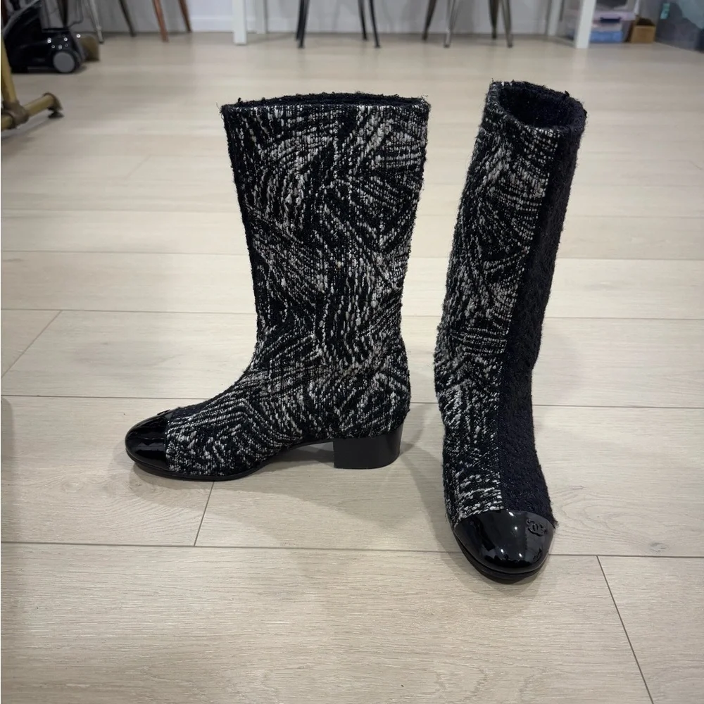 CHANEL Two Tone Tweed Boots 37.5